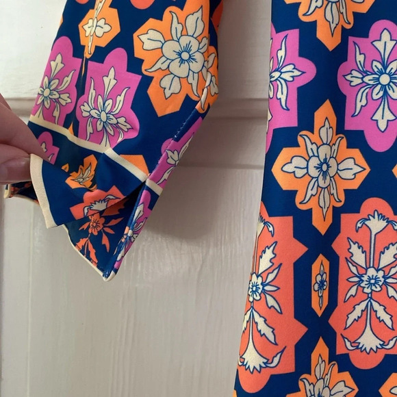 Gretchen‎ Scott Split Neck Dress Haveli New Size XS Navy Orange Pink Printed - Picture 5 of 10